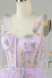 Spaghetti Straps Lavender Tulle Short Homecoming Dress with Embroidery