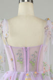 Spaghetti Straps Lavender Tulle Short Homecoming Dress with Embroidery