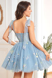 Spaghetti Straps Lavender Tulle Short Homecoming Dress with Embroidery