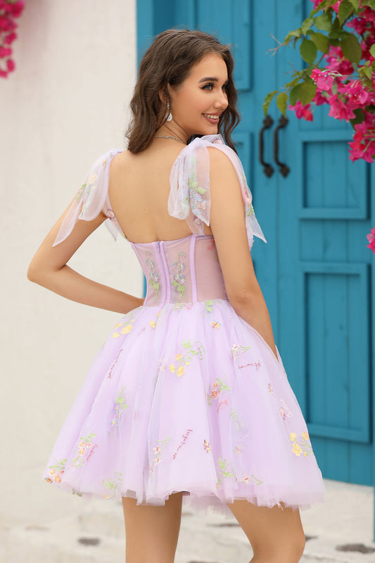 A Line Spaghetti Straps Lavender Short Homecoming Dress with Embroidery