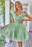 A-Line V-Neck Spaghetti Straps Embroidery Green Short Homecoming Dress