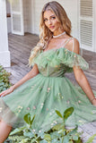 A-Line V-Neck Spaghetti Straps Embroidery Green Short Homecoming Dress