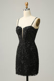 Sequins Spaghetti Straps Black Short Homecoming Dress