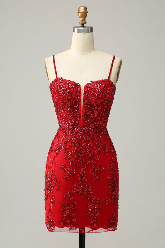 Sequins Spaghetti Straps Red Short Homecoming Dress