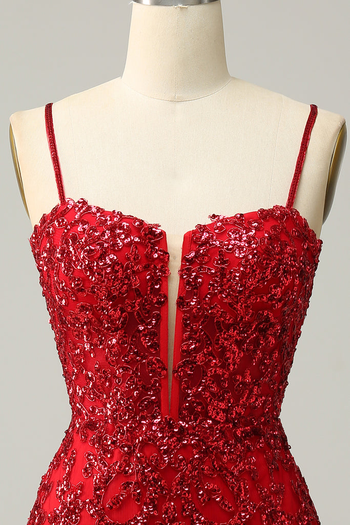 Classy Spaghetti Straps Red Sequin Sheath Homecoming Dress Short Prom Dress main image 0