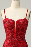Sequins Spaghetti Straps Red Short Homecoming Dress
