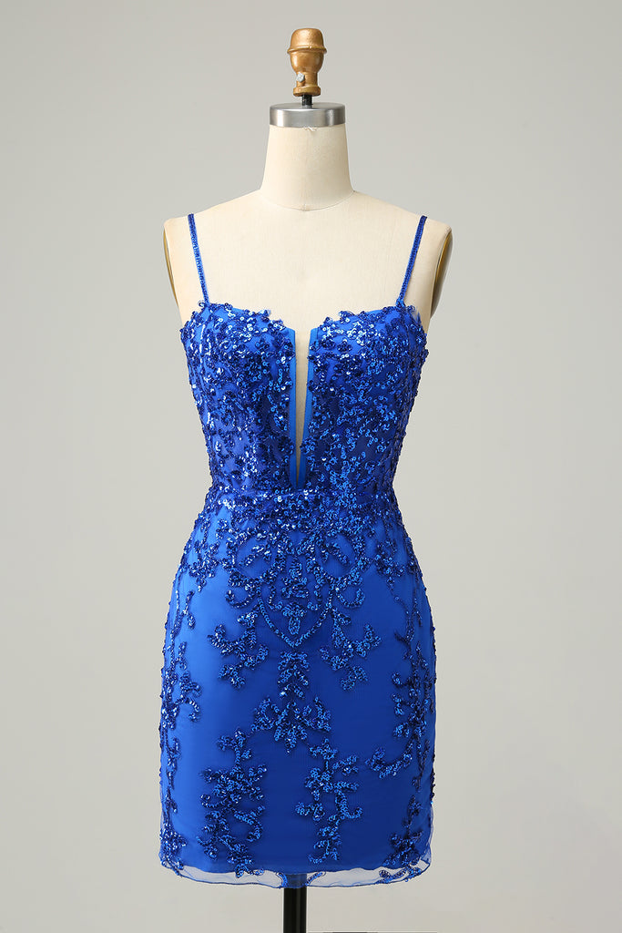 Zapakasa Women Sequins Spaghetti Straps Royal Blue Short Homecoming Dress