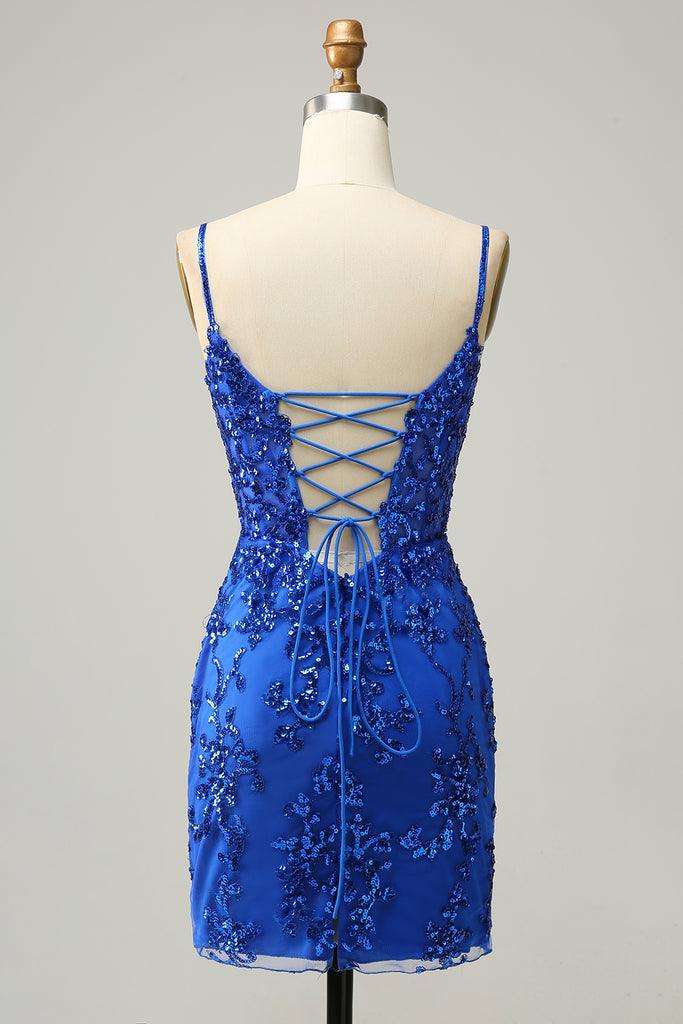 Royal Blue Spaghetti Straps Sequins Tight Homecoming Dress VK23092201