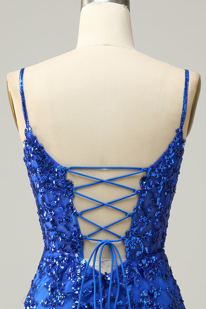 Weitese Dress Spaghetti Straps Royal Blue Appliques Bodycon Mini Dress Sleeveless Crisscross Back Homecoming Dress