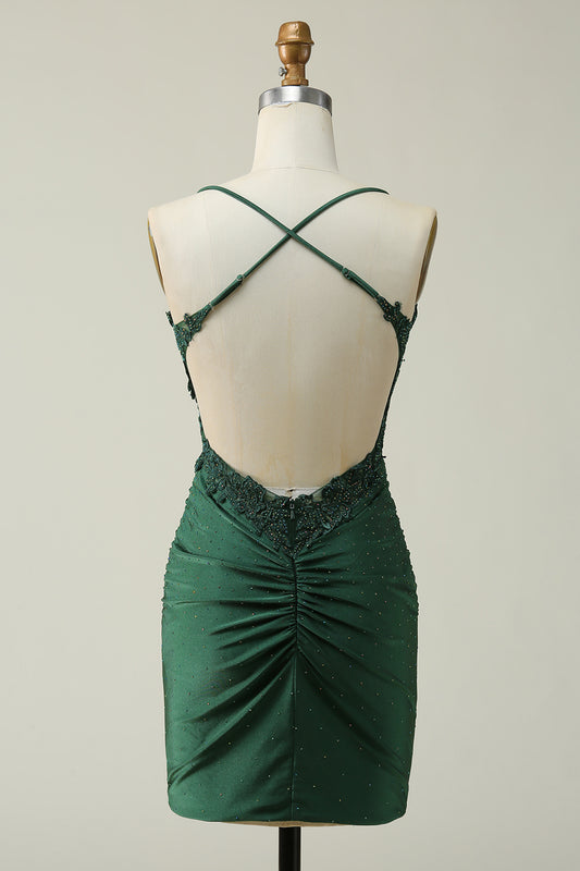 Sheath Spaghetti Straps Dark Green Short Homecoming Dress with Appliques