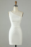 White One Shoulder Sheath Short Homecoming Dress with Beading