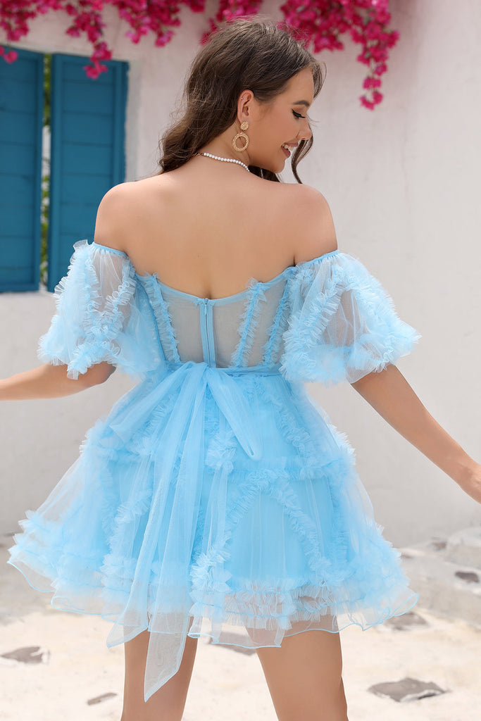 Lovely Tulle Light Pink-Purple Mini Party Dress, Lovely Off Shoulder Lace-up Homecoming Dress main image 1