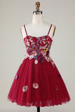 Burgundy A Line Spaghetti Straps Homecoming Dress With 3D Flowers