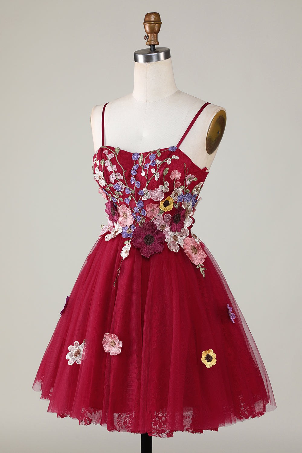 Burgundy A Line Spaghetti Straps Homecoming Dress With 3D Flowers