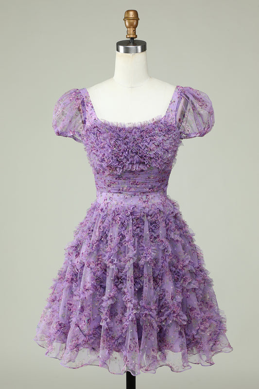 A-Line Square Neck Dark Purple Short Homecoming Dress