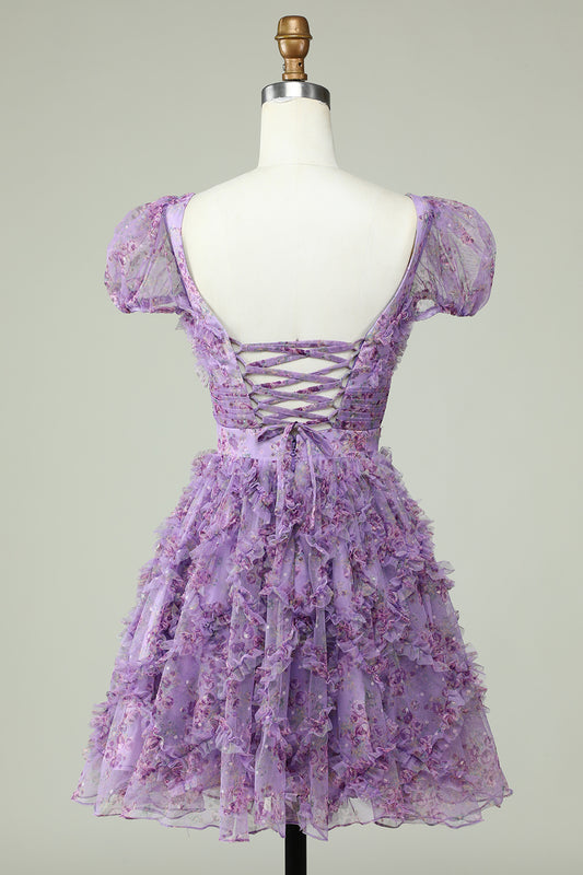 A-Line Square Neck Dark Purple Short Homecoming Dress