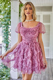 A-Line Square Neck Dark Purple Short Homecoming Dress