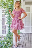 A-Line Square Neck Ivory Red Flower Short Homecoming Dress