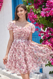 A-Line Square Neck Ivory Red Flower Short Homecoming Dress