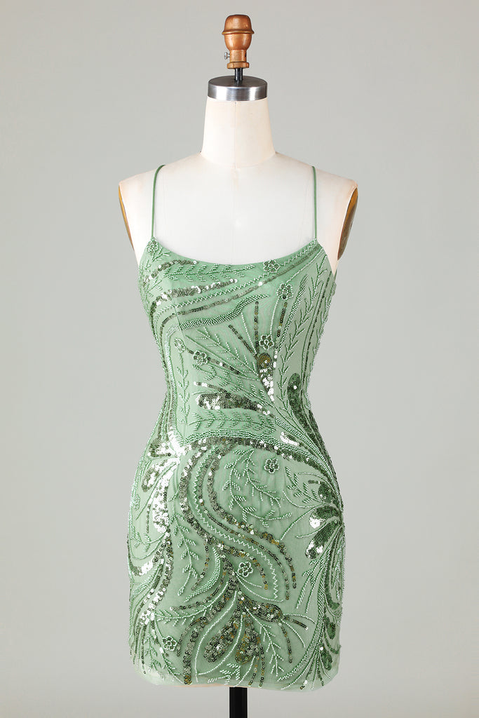 Classy Spaghetti Straps Green Satin Printed Floral Short Homecoming Dress 19th Birthday Outfits SP74 main image 1