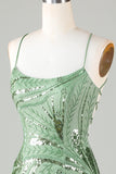 Green Spaghetti Straps Tight Glitter Homecoming Dress with Beaded