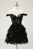Sparkly Black Homecoming Dress A Line Off The Shoulder Corset Tiered Lace Short Cocktail Party Dress 