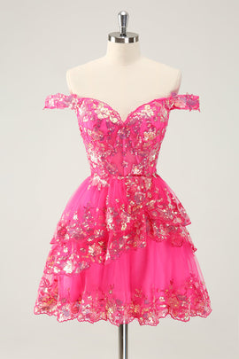 Cute Sparkly Hot Pink Short Homecoming Dress A Line Tiered Corset Lace Cocktail Party Dress