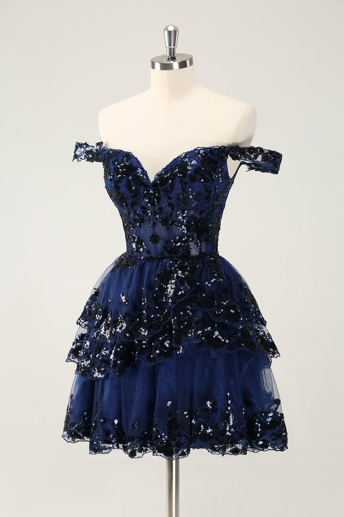 Sparkly Black A-Line Floral Short Homecoming Dress