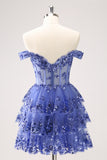 Sparkly Golden Corset Tiered Lace A-Line Short Homecoming Dress