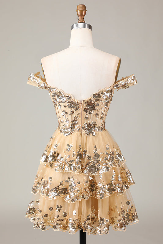 Sparkly Golden Corset Tiered Lace A-Line Short Homecoming Dress