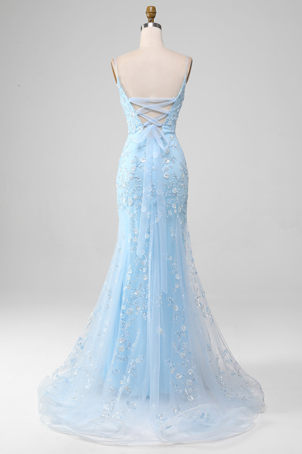 Zapakasa Women Light Blue Sparkly Beaded Mermaid Long Prom Dress Spaghetti Straps Tulle Formal Dress Zapakasa Women Light Blue Sparkly Beaded Mermaid Long Prom Dress Spaghetti Straps Tulle Formal Dress