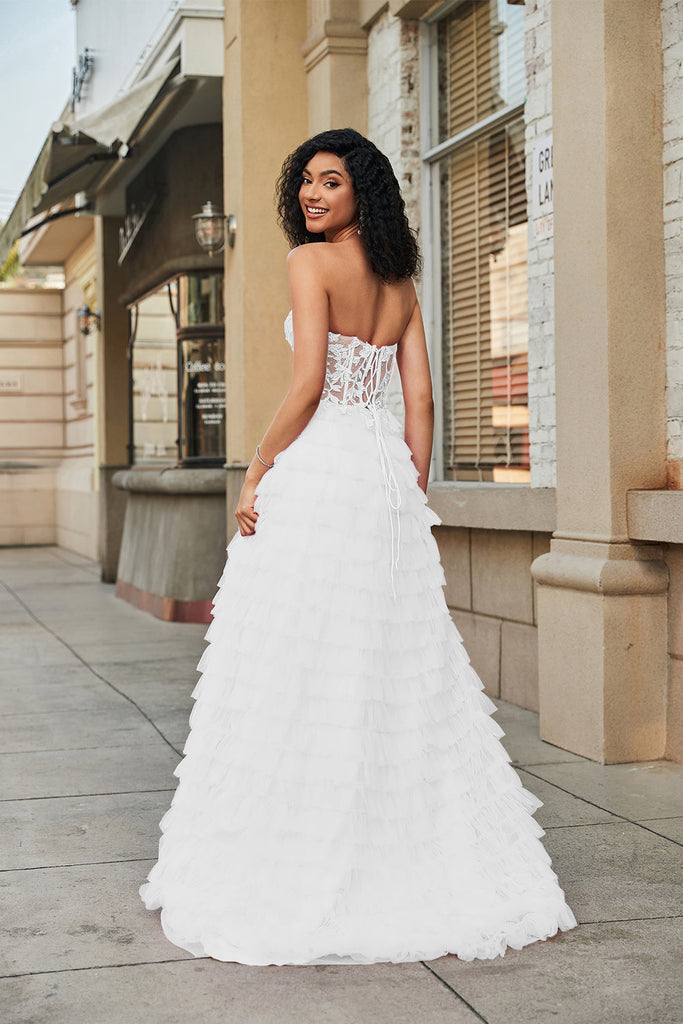 Zapaka Women White Corset Ruffled A-Line Wedding Dress with Lace ...