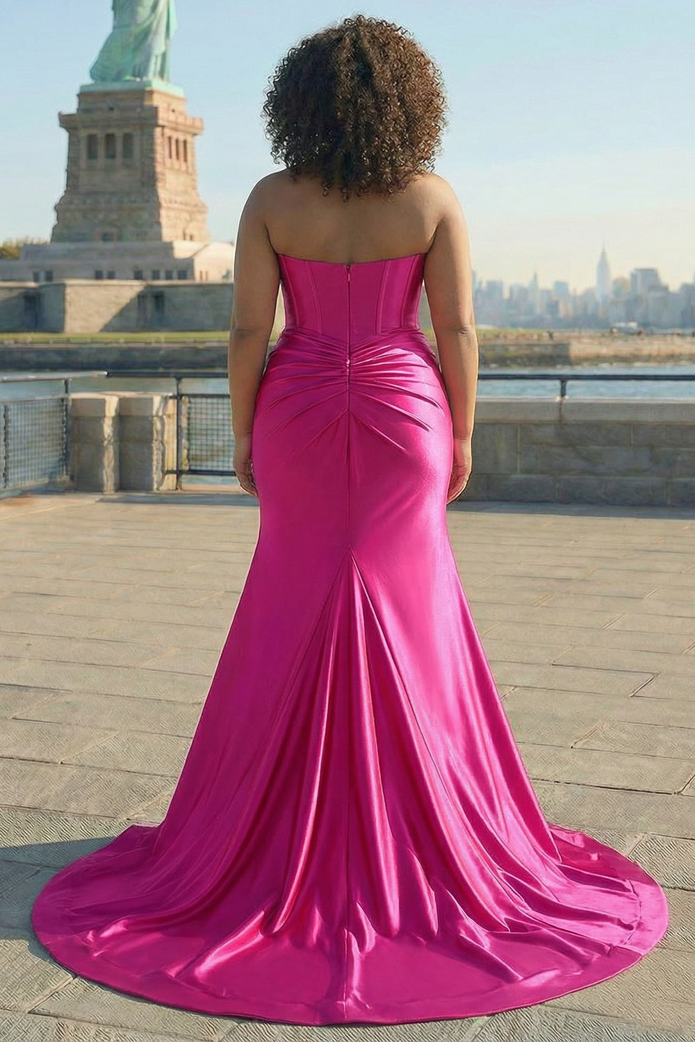 Sparkly Fuchsia Mermaid Plus Size Long Corset Prom Dress with Slit