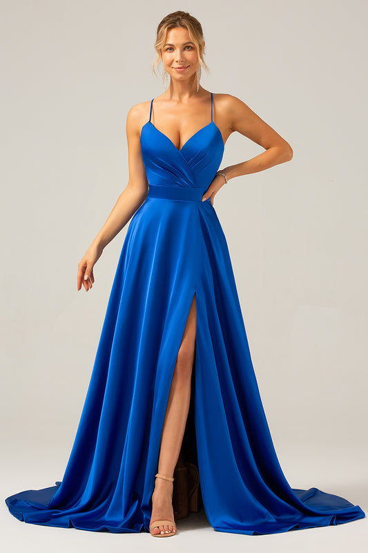 A Line Spaghetti Straps Royal Blue Satin Prom Dress with Slit