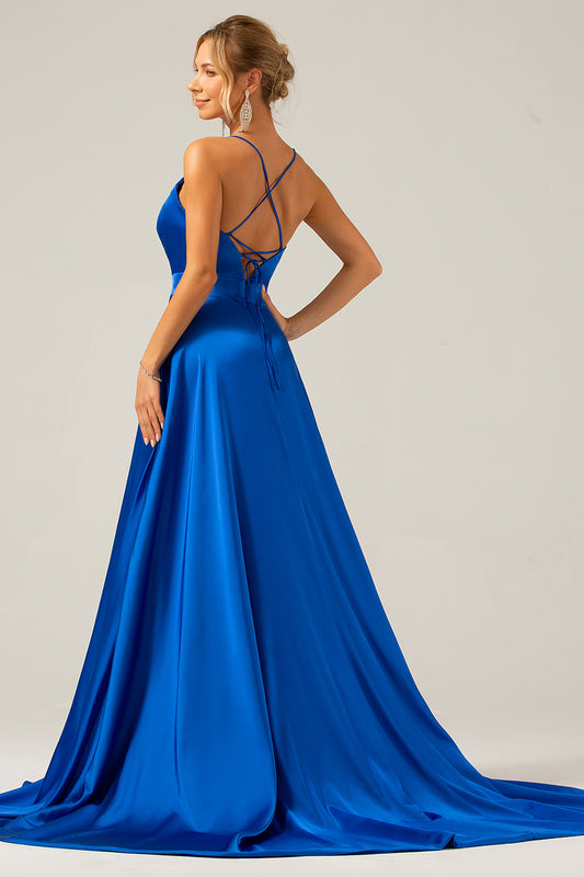 A Line Spaghetti Straps Royal Blue Satin Prom Dress with Slit