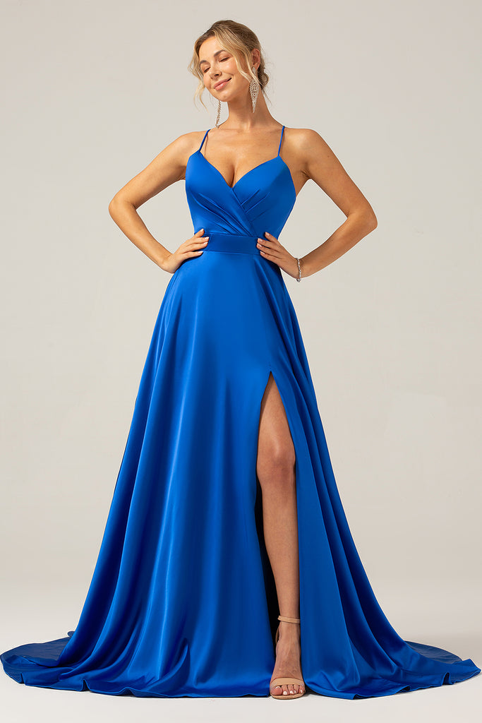 Cicinia Royal Blue Prom Dresses Long A-line Satin Strapless Floor Length Party Dress main image 1