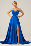 A Line Spaghetti Straps Royal Blue Satin Prom Dress with Slit