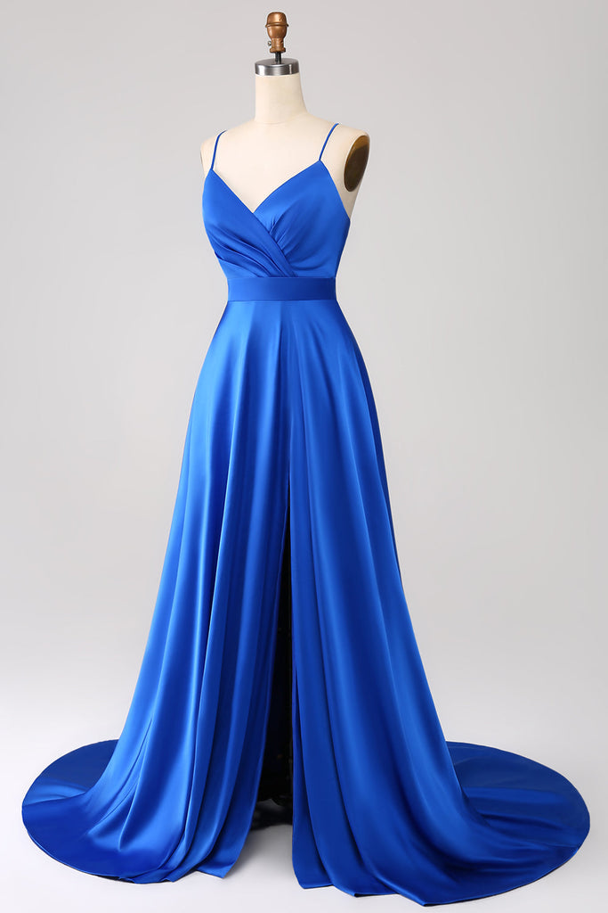 A Line Black Spaghetti Straps Satin Prom Dress with Slit LBQ3497