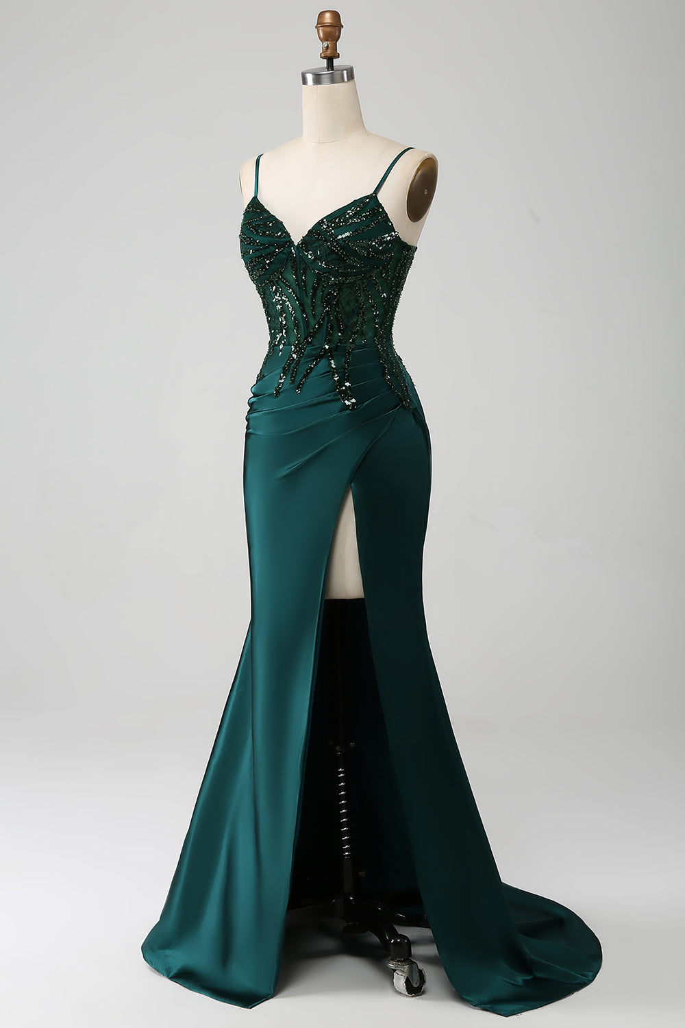 Zapakasa Women Sparkly Dark Green Prom Dress Mermaid Spaghetti Straps Pleated Corset Party DressWith Slit Zapakasa Women Sparkly Dark Green Prom Dress Mermaid Spaghetti Straps Pleated Corset Party DressWith Slit