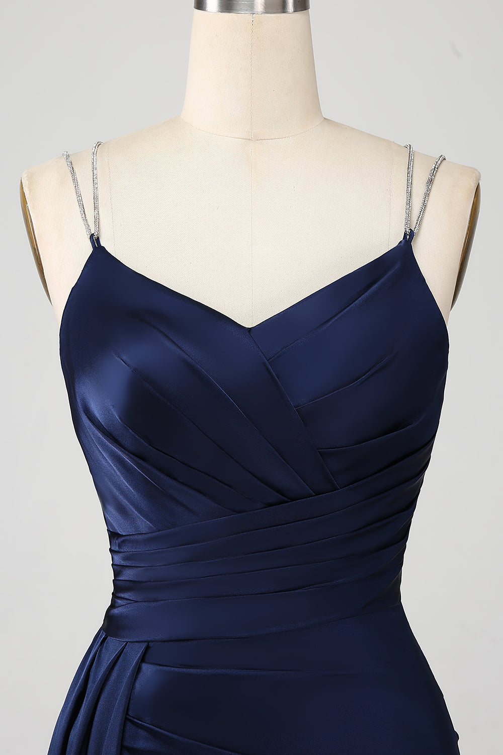 navy blue spaghetti strap bodycon corset dress Dark Navy Prom Dress 2026 Long Silk Like Satin Sheath Spaghetti Straps