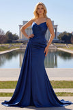 Navy Mermaid Spaghetti Straps Pleated Corset Long Prom Dress With Slit