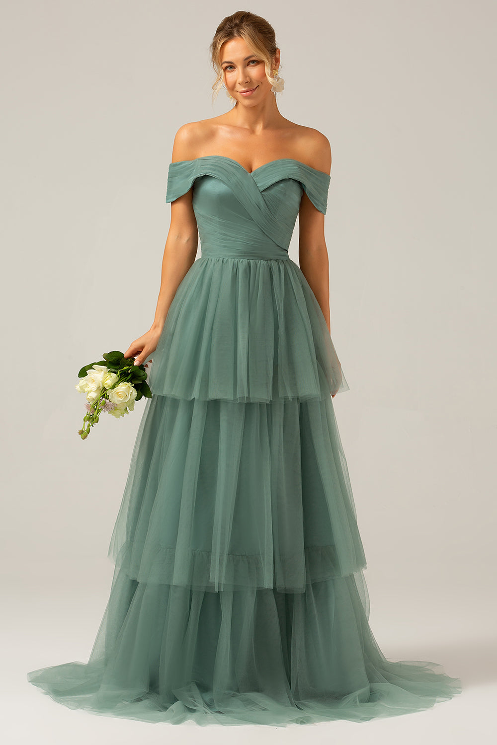 Zapakasa Women Grey Green Bridesmaid Dress A Line Off the Shoulder Tiered Tulle Prom Dress Zapakasa Women Grey Green Bridesmaid Dress A Line Off the Shoulder Tiered Tulle Prom Dress
