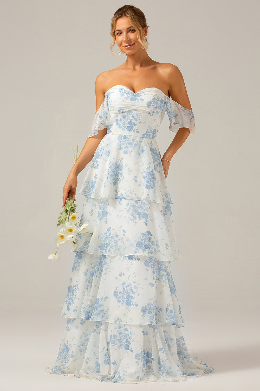 White Blue Floral Boho Chiffon Ruffled Long Bridesmaid Dress