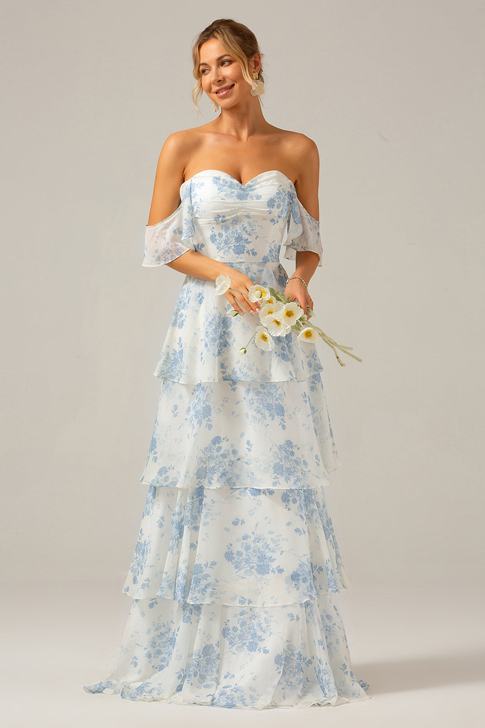 White Blue Floral Boho Chiffon Ruffled Long Bridesmaid Dress