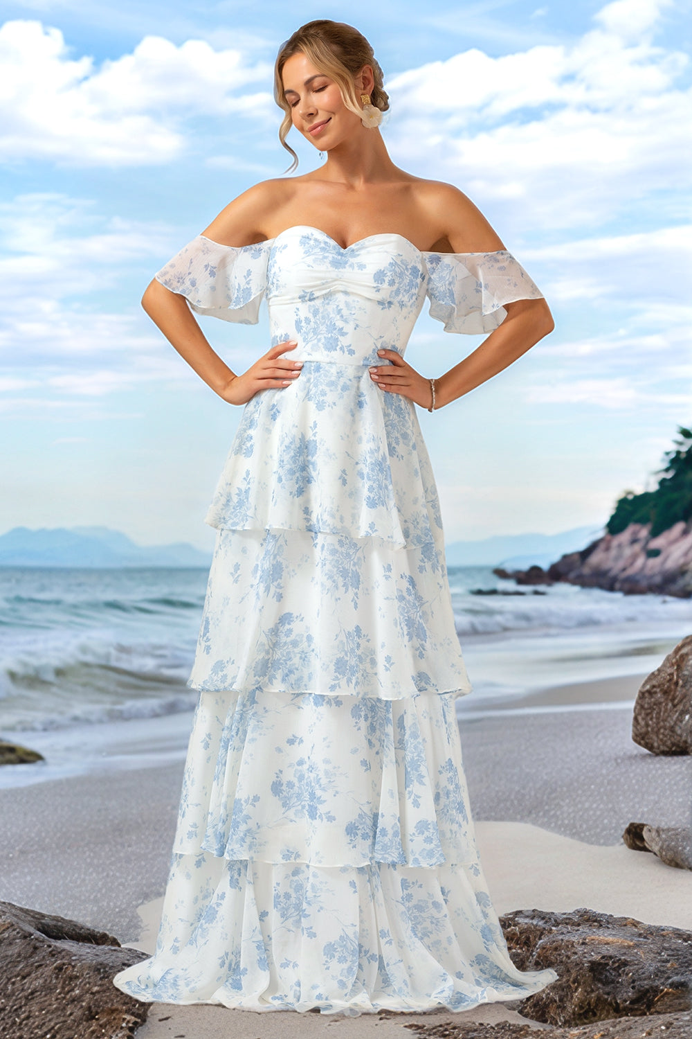 Zapakasa Women White Blue Floral Boho Chiffon Ruffled Long Bridesmaid