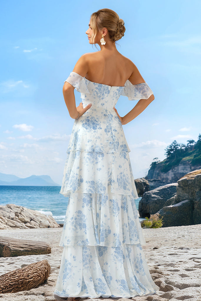 Zapakasa Women White Blue Floral Boho Chiffon Ruffled Long Bridesmaid