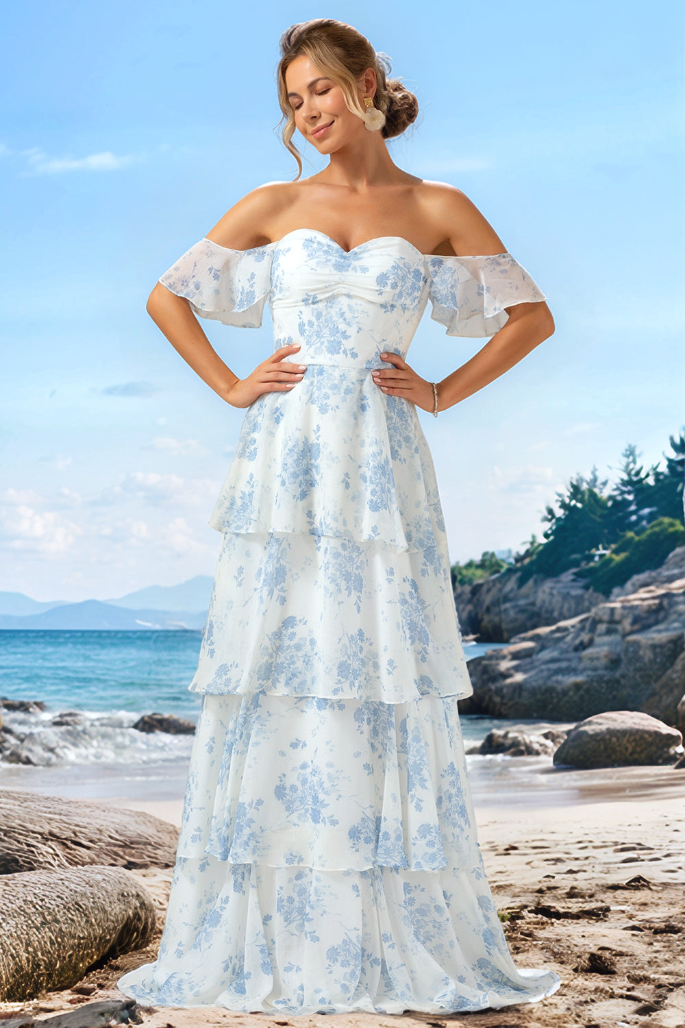 Zapakasa Women White Blue Floral Boho Chiffon Ruffled Long Bridesmaid