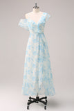 A-Line White Blue Flower Chiffon Bridesmaid Dress with Slit