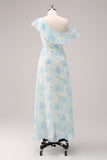 A-Line White Blue Flower Chiffon Bridesmaid Dress with Slit