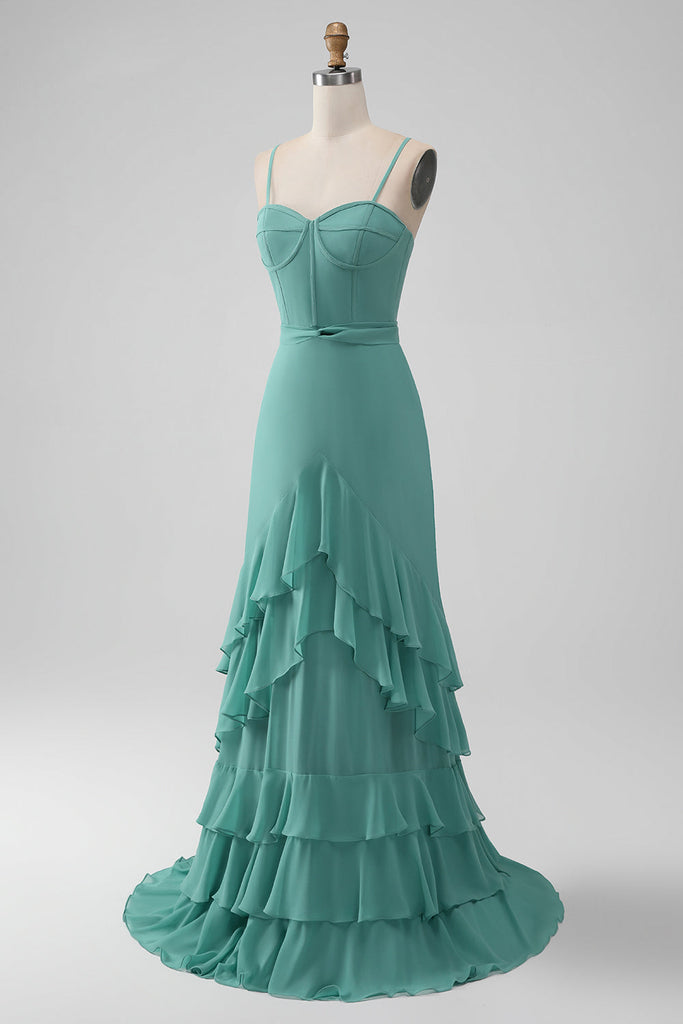 Grey Green Spaghetti Straps Long Bridesmaid Dress With Ruffles